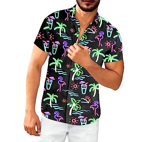 Stazary Mens Neon Flamingo Shirt for Men,80s Mens Disco Shirt Neon Men Button Up Shirts,Hawaiian Shirt Beach Shirts for Men