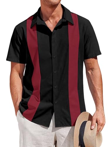 Runcati Mens Vintage Bowling Shirt Short Sleeve Button Down Shirts Casual Summer Beach Tops Burgundy