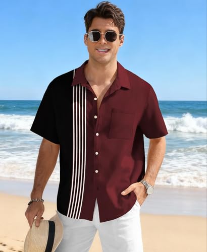 KYKU Vintage Bowling Shirt Retro Button Up Shirts for Men 1950s Short Sleeve Mens Clothes Wine Red M
