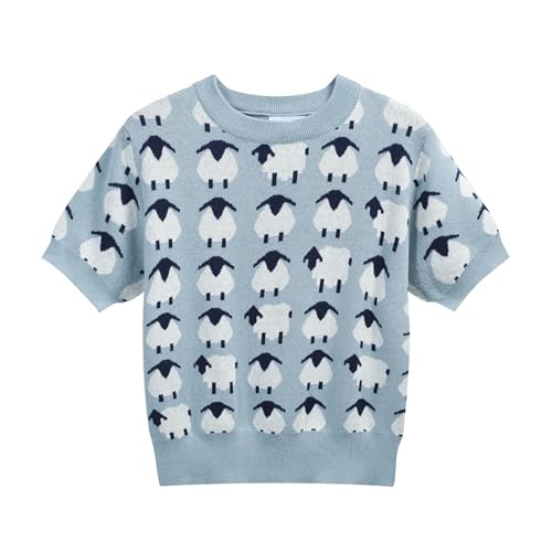OXKNIT Women's Knitted T-Shirt Short Sleeve, 1960s Mod Style Sheep Pattern Crewneck Tops Light Blue - Cropped Length