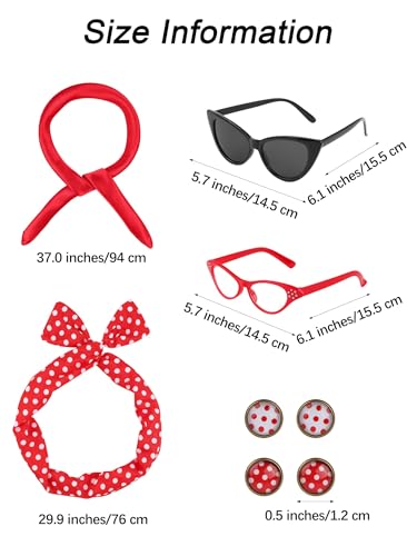 Aneco 6 Pack 50s Set Chiffon Scarf Cat Eye Glasses Bandana Tie Headband Earrings(Red)