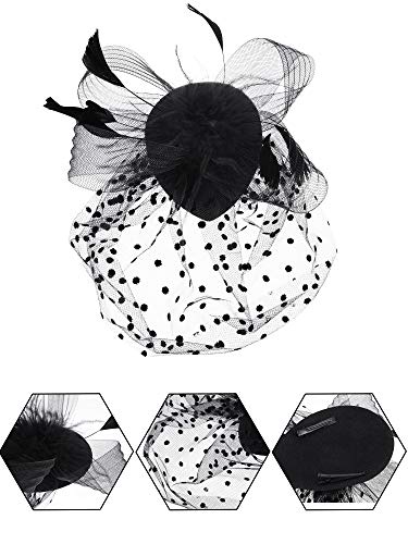 SATINIOR 50s Black Fascinators Hats for Women, Funeral Veil Polka Dot Hat Pillbox Cocktail Tea Party Headpiece and Lace Glove