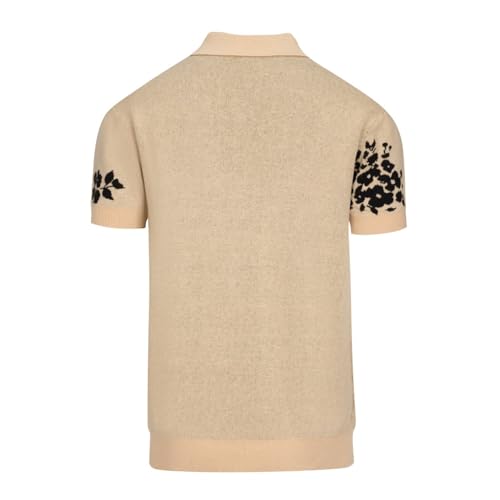 OXKNIT Men's Knit Short Sleeve Shirts 1960s Vintage Bird and Plant Pattern Khaki Cotton Polo Shirt with Quarter Button