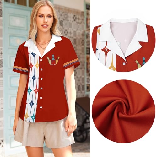 Bowling Shirt Women Bowling Lover Gift Vintage Bowling Hawaiian Top Red