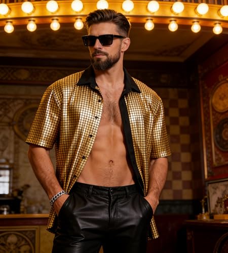 EFOWAY Men Sequin 70s Disco Shirt, Metallic Short Sleeve Button Down Shirts