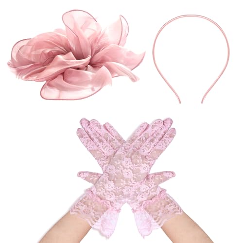 Sucrain 2PCS Fascinators Hat Veil Hair Clip and Short Lace Gloves, Flower Headband with Lace Glove 50s Vintage for Wedding Cocktail Tea Party (US, Alpha, One Size, Pink)