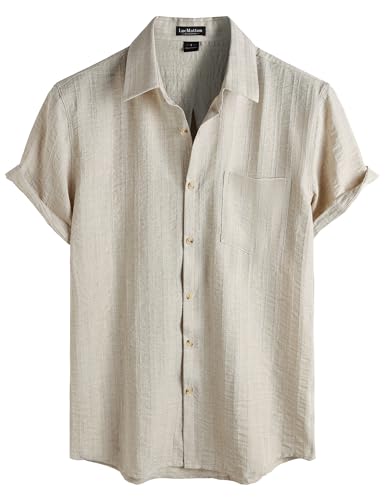LucMatton Men's Vintage Bohemian Short-Sleeve Button-Down Shirt Casual Regular-Fit Striped Textured Summer Beach Tops Beige Large