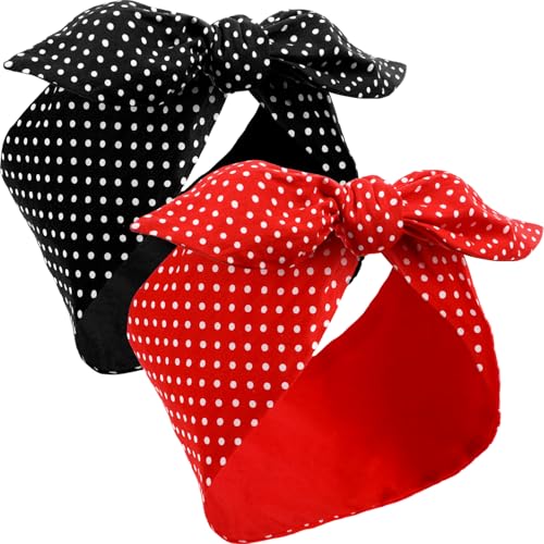 Hicarer 2 Pieces Polka Dot Headband Bandana Headband 50s Costume Hair Accessories Bows Wide Head Wrap for Women(Red, Black,Small Dots)
