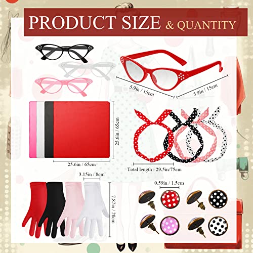 Toulite 20 Pcs 50s Women Costume Accessories Set Includes Cat Eye Glasses Chiffon Scarf Polka Dot Bandana Tie Headband Dot Earrings Gloves for Halloween Party