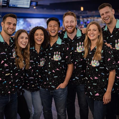 Retro Neon Bowling Hawaiian Shirt for Men 80s Style Strike Bowling Ball Shirt Tropical Aloha Button Down Summer Party Shirt
