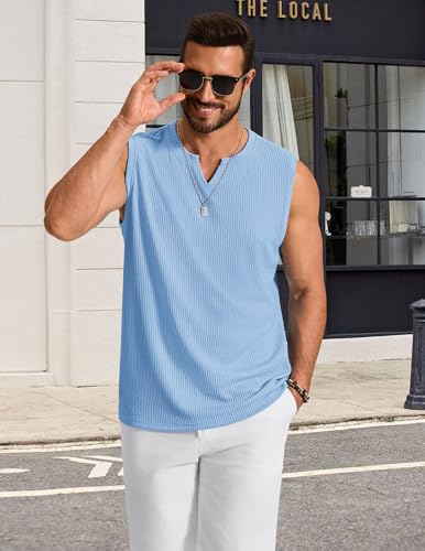 COOFANDY Men's Vintage Crochet Tank Top V Neck Sleeveless Knitwear Textured Summer Retro 70s Outfit, Light Blue, Medium