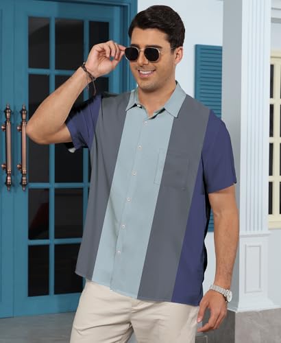 KYKU Casual Short Sleeve Retro Bowling Shirt Mens Button Down Shirt 50s Outfit Blue XL