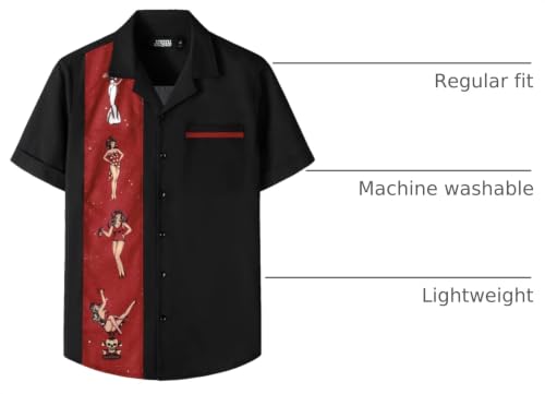 JOGAL Men's Bowling 50s Rockabilly Button Down Shirt Black Red X-Large
