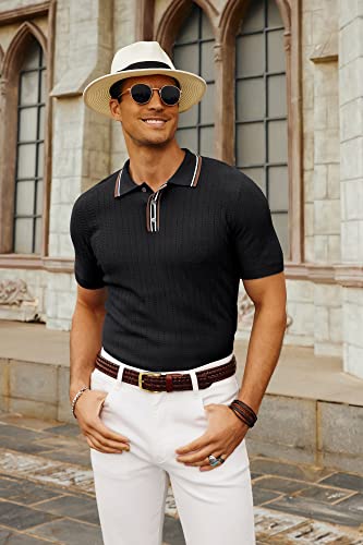 PJ PAUL JONES Mens 1960s Vintage Polo Shirts Contrast Lapel Collar Button Up Polo Sweaters Bowling Shirt Lightweight Black M