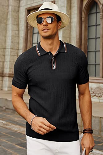 PJ PAUL JONES Mens 1960s Vintage Polo Shirts Contrast Lapel Collar Button Up Polo Sweaters Bowling Shirt Lightweight Black M
