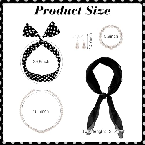 Fumwase 7PCS 1950s Costume Accessories for Women Cat Eye Glasses Hair Accessories Earring Bracelet Necklace Scarf for Halloween (Black)
