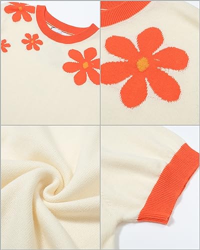 OXKnit Women's Short Sleeve Red Flowers Knitted Vintage T-Shirt, 1960s Mod Style Casual Cotton Knitted Retro T-Shirts