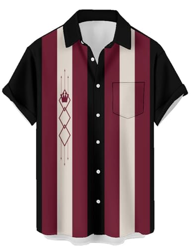 Lzzidou Men’s Retro Bowling Shirt – Short Sleeve Button Down 1950s Rockabilly Style Vintage Vertical Stripe Camp Collar Hawaiian Summer Beach Party Holiday Club Top