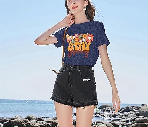 Retro Stay Groovy Shirt Women Floral Graphic Tee Hippie Vintage 70s Disco Peace Casual Short Sleeve Top Blue S