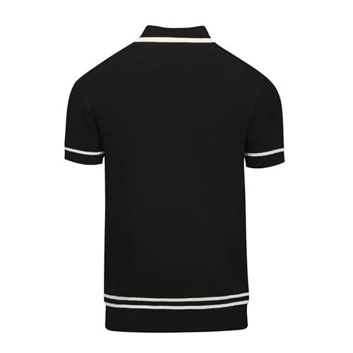 OXKNIT Men's Knit Polo Shirts, 1960s Mod Style Retro Rose Pattern Short Sleeves Casual V-Neck Short Shirts, Black