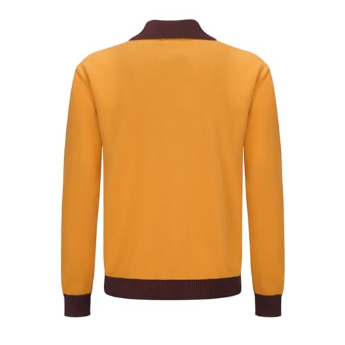 OXKNIT Men's Knit Polo Shirts Full Zip 1960s Style Retro Long Sleeve Cotton Yellow Cardigan Sweater