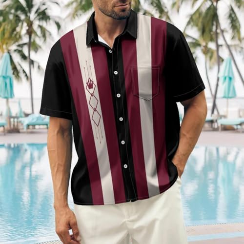 Lzzidou Men’s Retro Bowling Shirt – Short Sleeve Button Down 1950s Rockabilly Style Vintage Vertical Stripe Camp Collar Hawaiian Summer Beach Party Holiday Club Top