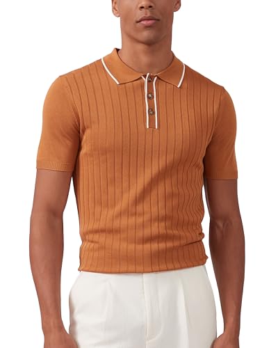 Kallspin Men's Vintage Knitted Polo Shirt Short Sleeve Solid Collared Golf Shirts with Button (Caramel Large