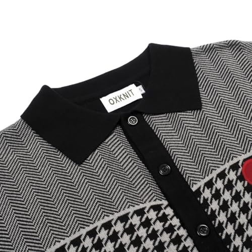 OXKNIT Men's Knit Short Sleeve Shirts Button Down Vintage Knitted Embroidery Heart Pattern Polo Shirt Black Polo