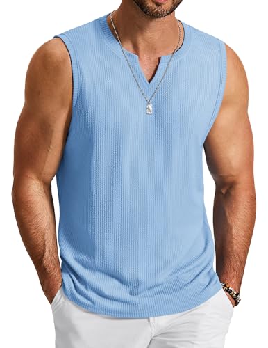 COOFANDY Men's Vintage Crochet Tank Top V Neck Sleeveless Knitwear Textured Summer Retro 70s Outfit, Light Blue, Medium