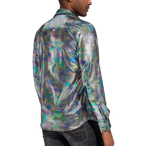 Pixiemain Mens 70s 60s Disco Shirt Metallic Party Costume Long Sleeve Button Down Shirts-A L