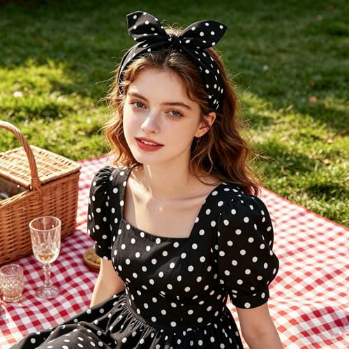 BYNYTO Black Polka Dot Bow Headbands for Women and Girls, Non-Slip Cute Bandana Hairband, Flexible Bunny Ear Wide Knotted Hair Hoop, Halloween Costume Retro 50s Hair Accessories