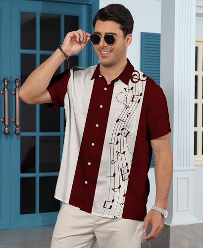 KYKU Mens Retro Bowling Shirts 50s Costume Men Shirt Short Sleeve Button Up Casual Wine Red 3X-Large