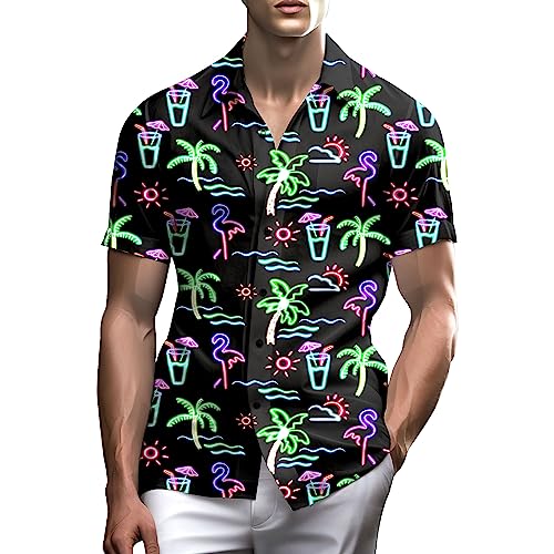 Stazary Mens Neon Flamingo Shirt for Men,80s Mens Disco Shirt Neon Men Button Up Shirts,Hawaiian Shirt Beach Shirts for Men