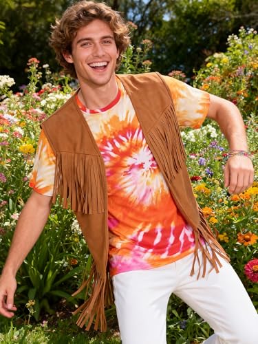 Treature Hippie Costume for Men 60s 70s Outfits for Men Tie Dye Shirt Set Fringe Carnival Vest Wig Tie Dye Headband for party (Orange 7 Pcs set, 2XL)