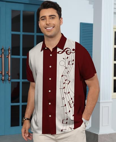 KYKU Mens Retro Bowling Shirts 50s Costume Men Shirt Short Sleeve Button Up Casual Wine Red 3X-Large