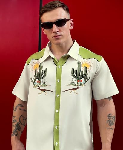 DADDYLOCO Desert Cactus Bowling Shirt, Cream with Olive Green Accents, Regular Fit, Short Sleeve