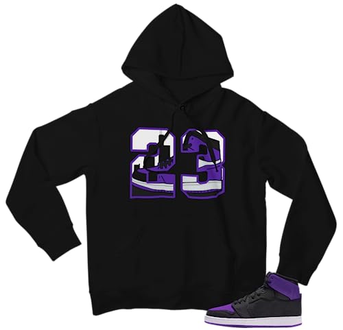 Purple and black graphic hoodie styled to coordinate with Jordan 1 sneakers
