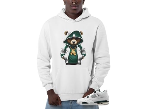 Green graphic hoodie styled to coordinate with Jordan 4 sneakers