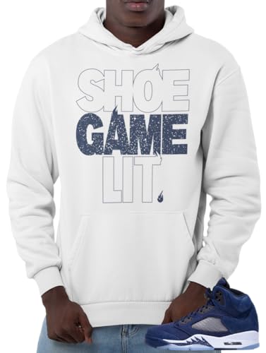 Navy graphic hoodie styled to coordinate with Jordan 5 sneakers