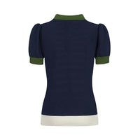 
              OXKNIT Women's Knit Polo Shirts Short Sleeve, 1960s Mod Style Retro Dark Blue Beige Stripes Tops with Quarter Button
            