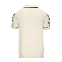 
              OXKNIT Mens White Apricot 60s V-Neck Polo Shirt Rhombic Pattern Knit Golf Polo
            