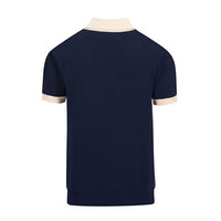 
              OXKnitstore OXKNIT Mens V-Neck Polo Shirt Knitted Shirt Dark Blue Short Sleeve Golf Shirt with Flower Pattern
            