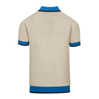 
              OXKNIT Men's Knit Short Sleeve Shirts Vintage Bird and Plants Pattern Knitted Polo Shirt Blue and Beige V-Neck Polo
            