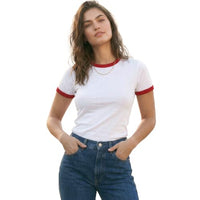 
              Zengjo Ringer Tee Women Crewneck Short Sleeve Retro T-Shirt (White/Red,XL)
            
