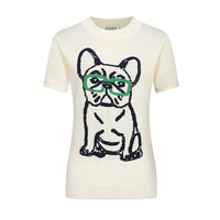 
              OXKNIT Women's Knitted T-Shirt Short Sleeve, 1960s Mod Style Hand-Drawn Dog Pattern Crewneck Tops White
            