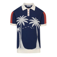 
              OXKNIT Men's Knit Short Sleeve Shirts Retro Knitted Polo Shirt Coconut Tree Pattern Dark Blue Polo with Quarter Button
            