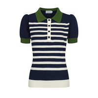 
              OXKNIT Women's Knit Polo Shirts Short Sleeve, 1960s Mod Style Retro Dark Blue Beige Stripes Tops with Quarter Button
            
