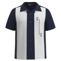 
              USA Made Lucky Paradise Mens Camp Shirt, Gauyabera Vintage Cuban Style Bowling Shirt Navy, White Button Up Retro Blue Ice
            