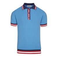 
              OXKNIT Men's Knit Short Sleeve Shirts 1960s Retro Stripes Knitted Polo Shirt Blue Cotton Polo Shirt with Quarter Button
            