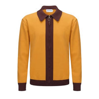 
              OXKNIT Men's Knit Polo Shirts Full Zip 1960s Style Retro Long Sleeve Cotton Yellow Cardigan Sweater
            